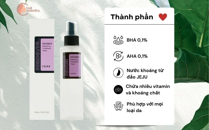 Thành phần của nước hoa hồng COSRX AHA/BHA Clarifying Treatment (tím) 100ml (Hộp)