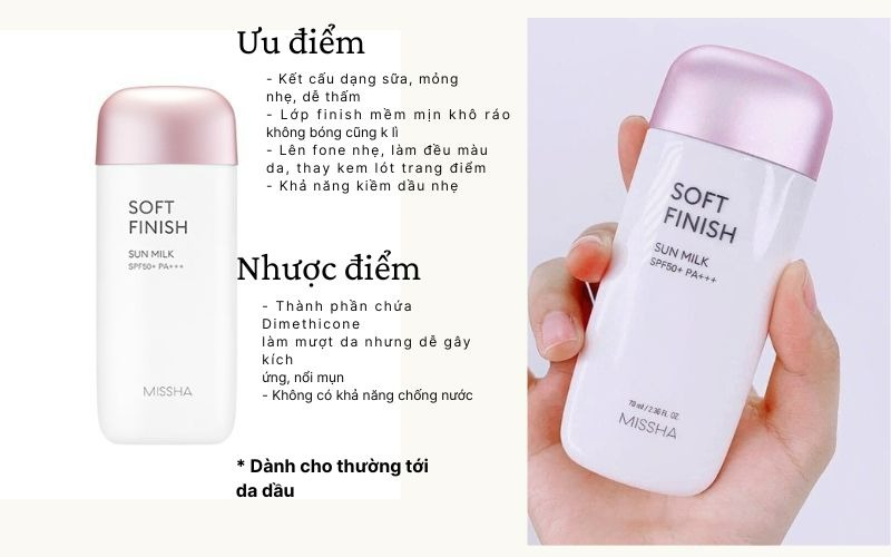 Ưu điểm Kem Chống Nắng Missha Soft Finish Sun Milk SPF50 Hàn Quốc