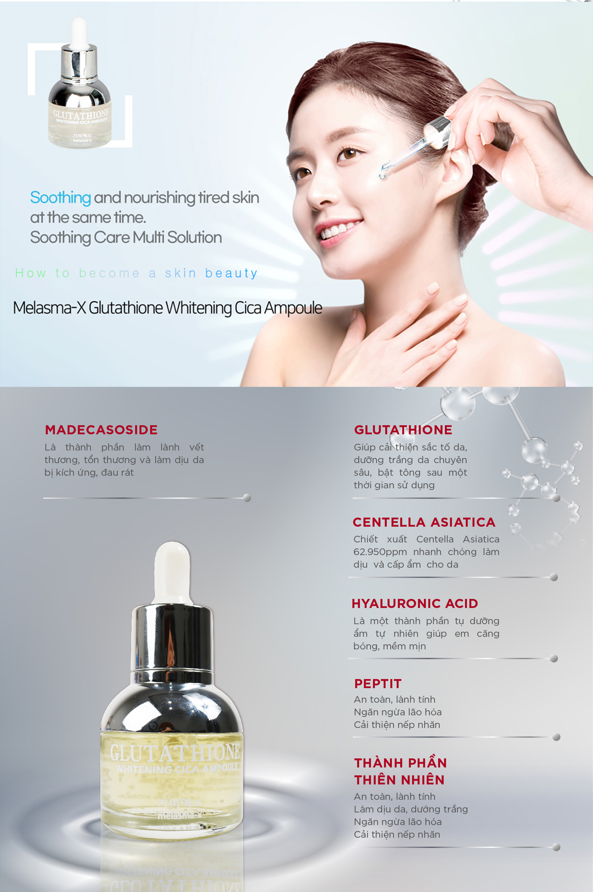 công dụng tinh chất serum Glutathione Whiteing Cica Ampoule Melasma